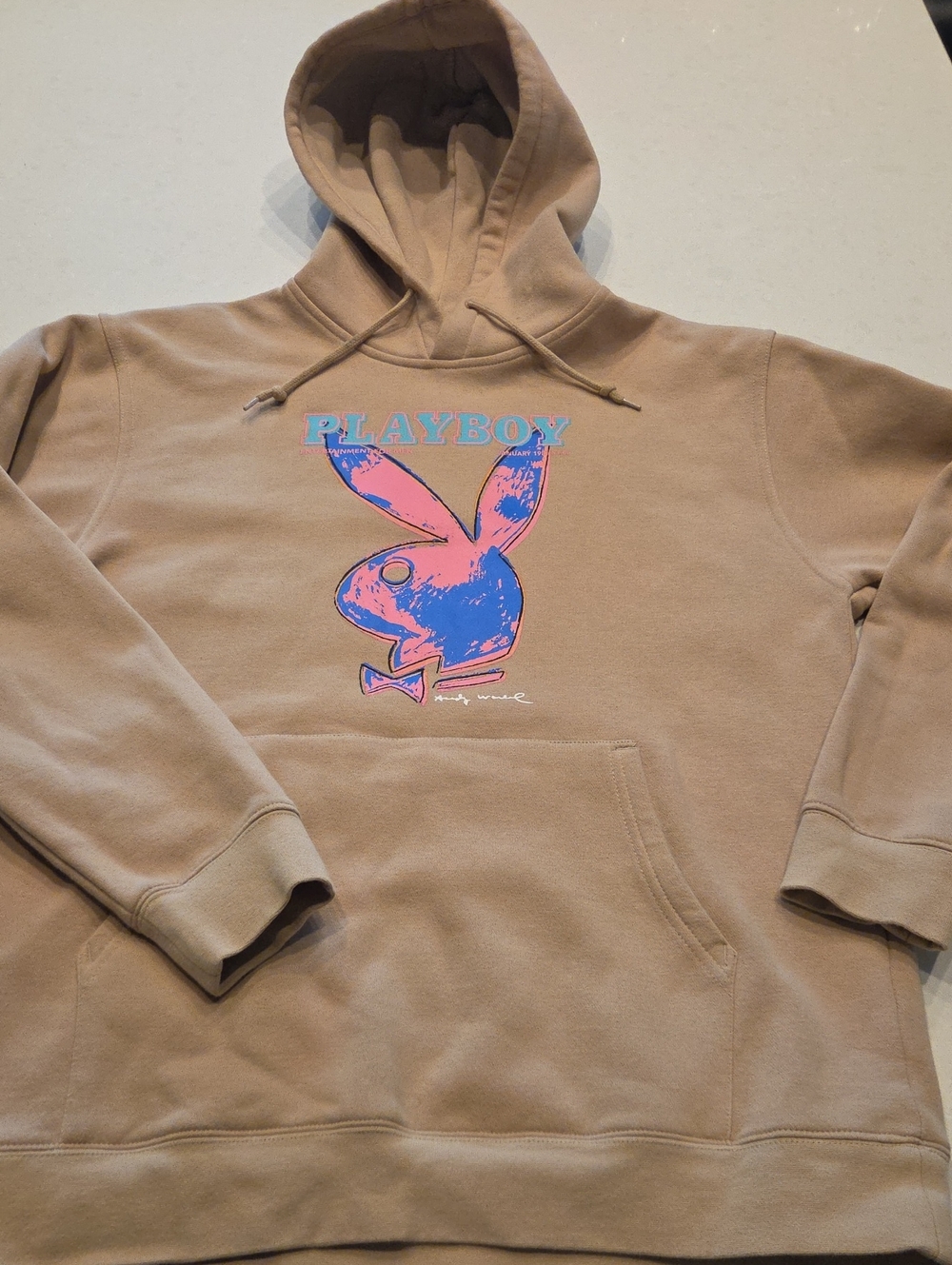 PLAYBOY Tan Crewneck Hoodie with Pink & Blue Bunny Andy Warhol Graphic